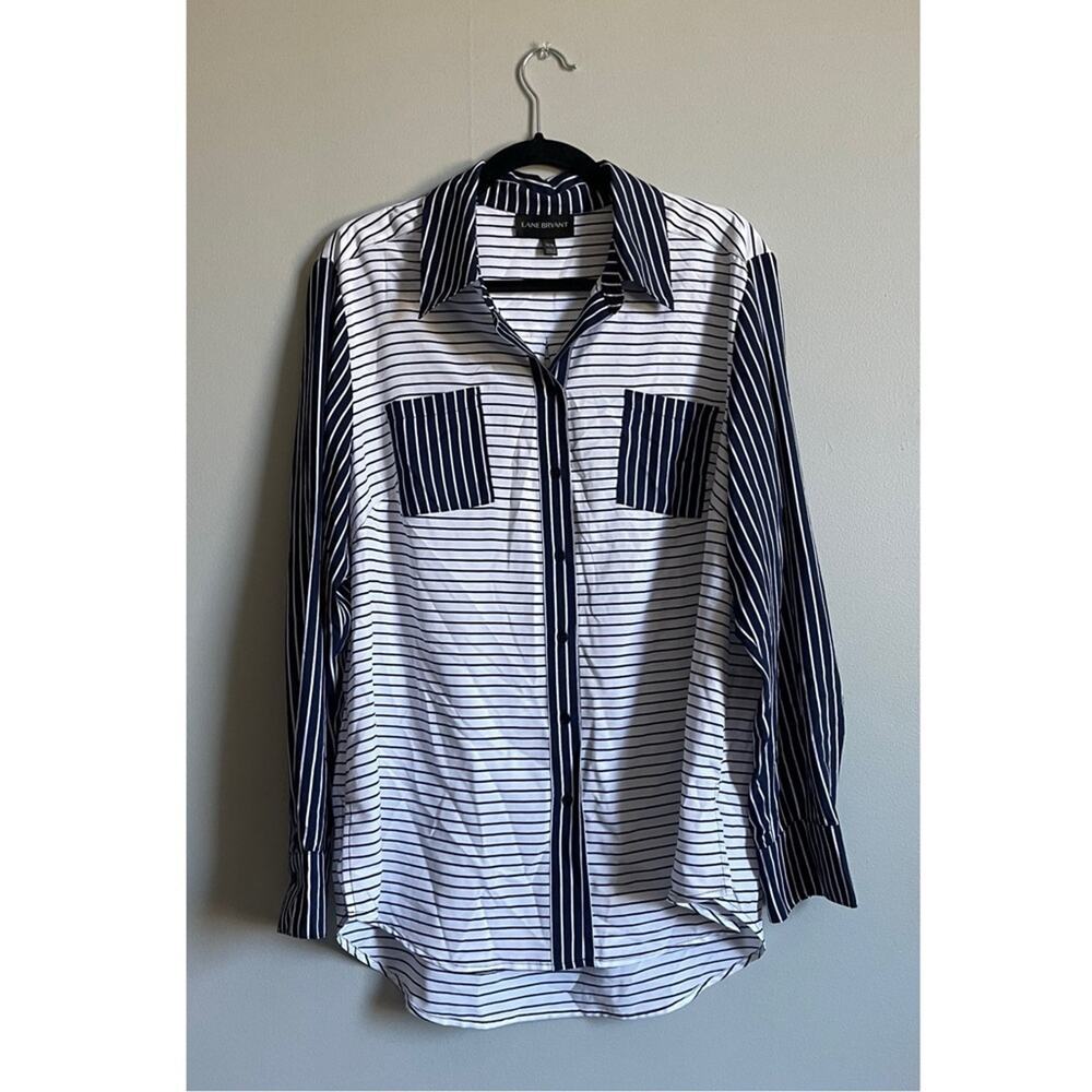 Lane Bryant Blue White Striped Pocket Button Down Shirt